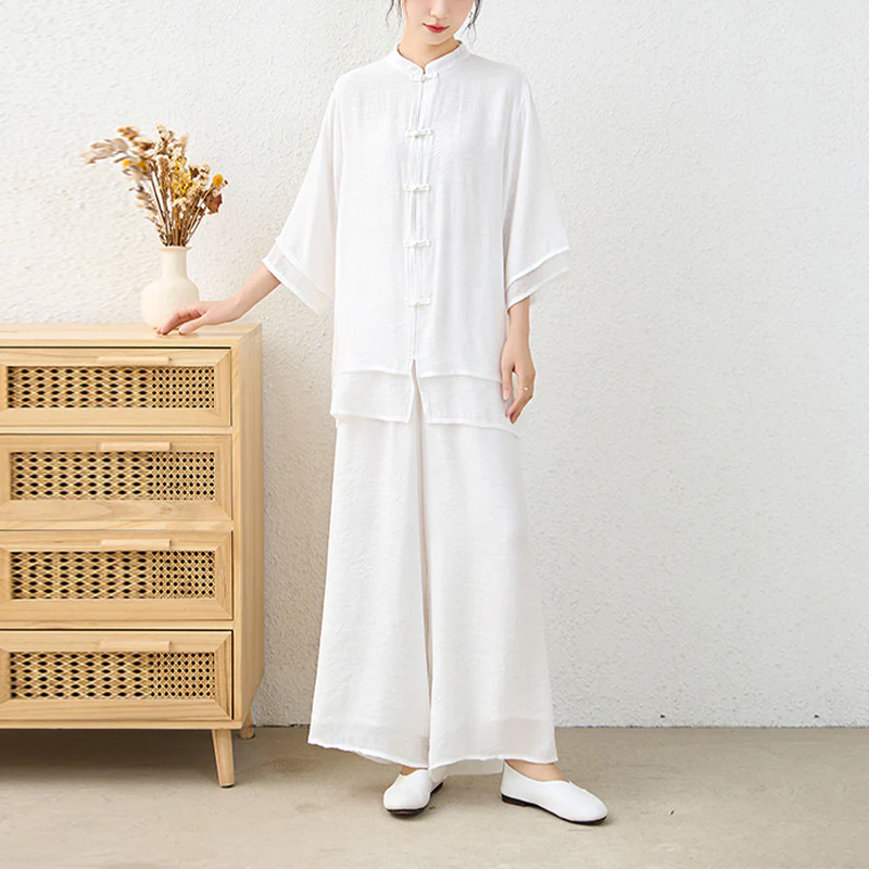 Buddha Stones 2 pezzi semplice cinese rana pulsante design top pantaloni meditazione yoga zen tai chi cotone abbigliamento donna set - Image 19