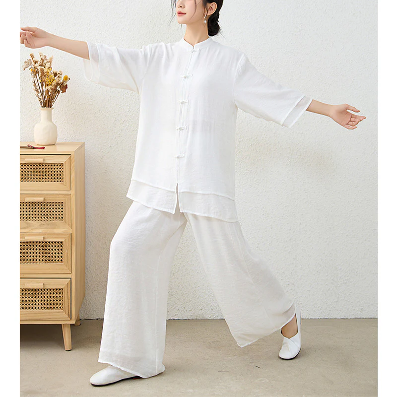 Buddha Stones 2 pezzi semplice cinese rana pulsante design top pantaloni meditazione yoga zen tai chi cotone abbigliamento donna set - Image 21