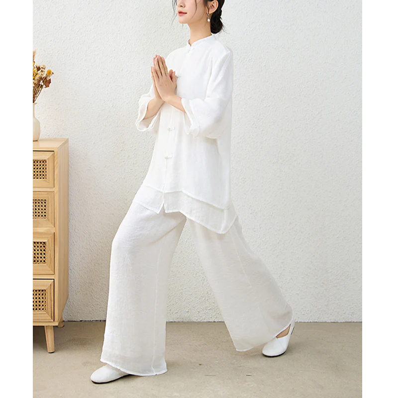 Buddha Stones 2 pezzi semplice cinese rana pulsante design top pantaloni meditazione yoga zen tai chi cotone abbigliamento donna set - Image 22