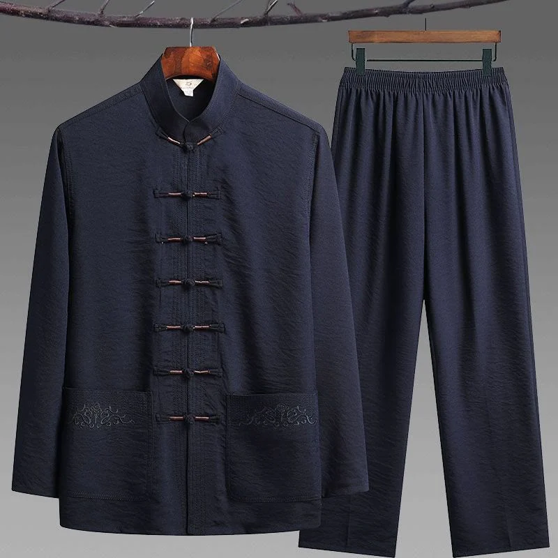 Buddha Stones 2 pezzi semplice Tang Suit uomo Frog-Bottone manica lunga camicia pantaloni set