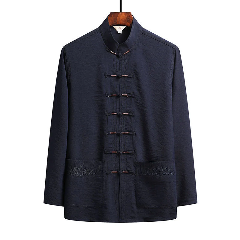 Buddha Stones 2 pezzi semplice Tang Suit uomo Frog-Bottone manica lunga camicia pantaloni set - Image 2