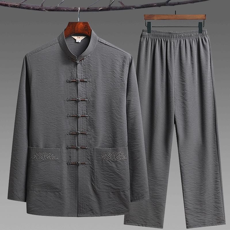 Buddha Stones 2 pezzi semplice Tang Suit uomo Frog-Bottone manica lunga camicia pantaloni set - Image 3