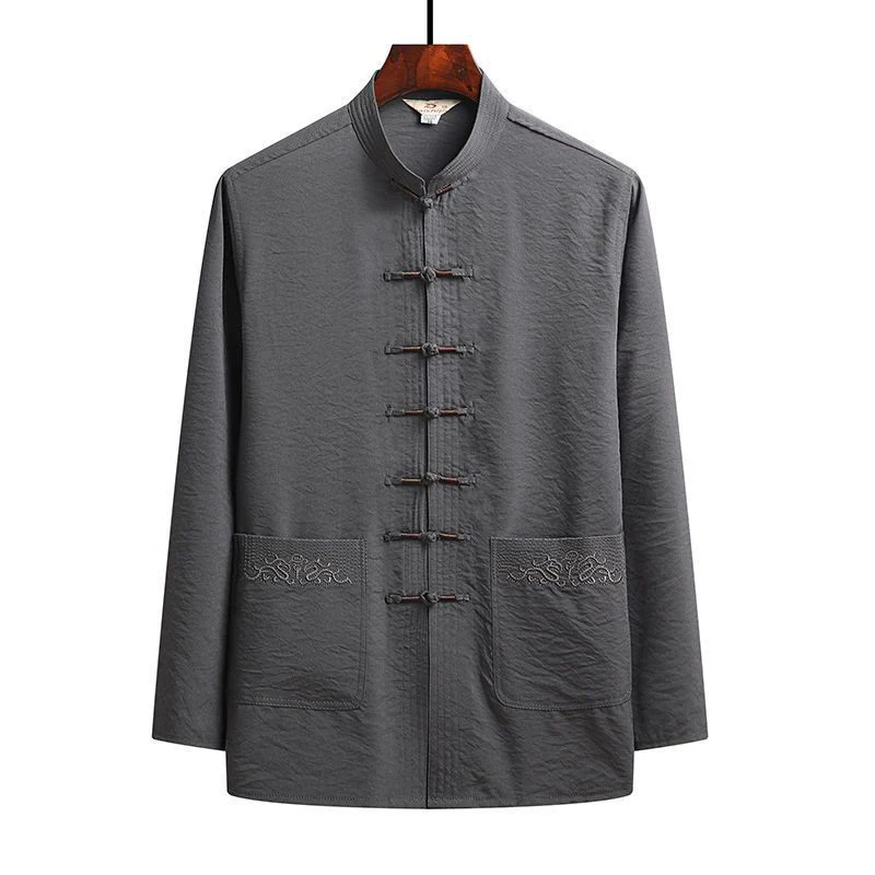 Buddha Stones 2 pezzi semplice Tang Suit uomo Frog-Bottone manica lunga camicia pantaloni set - Image 4