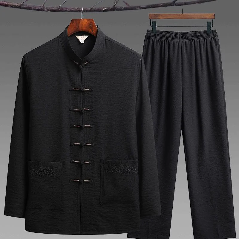 Buddha Stones 2 pezzi semplice Tang Suit uomo Frog-Bottone manica lunga camicia pantaloni set - Image 9
