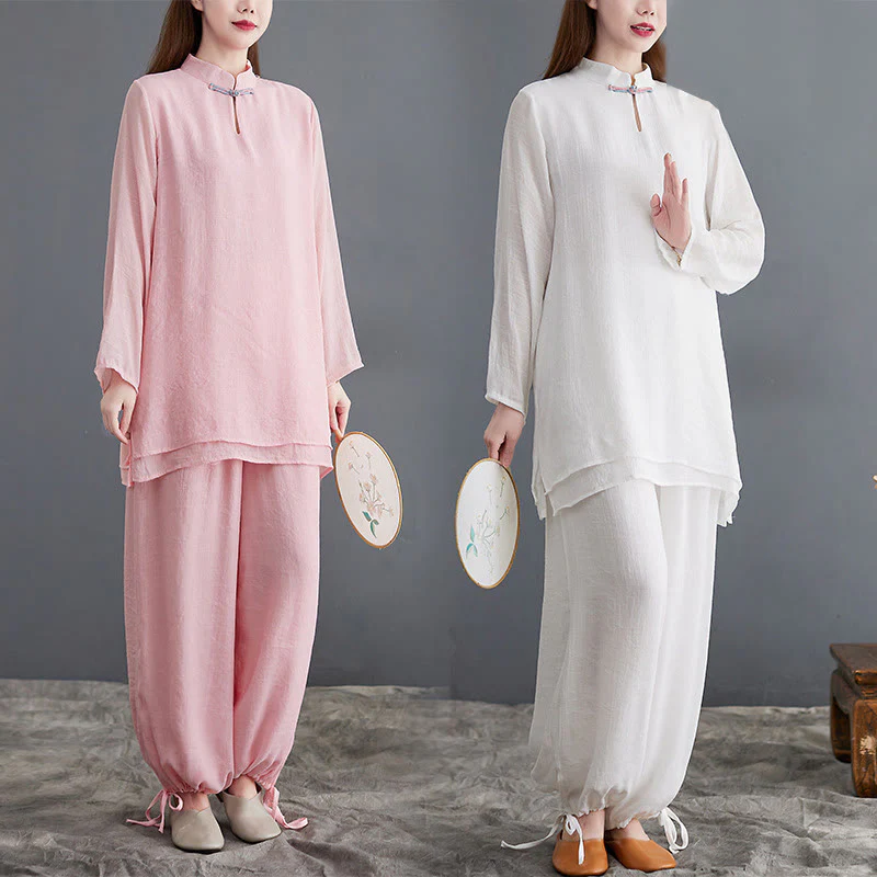 Buddha Stones 2 pezzi Solido Donna Manica Lunga Camicia Pantaloni Meditazione Abbigliamento Set
