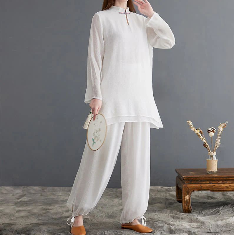 Buddha Stones 2 pezzi Solido Donna Manica Lunga Camicia Pantaloni Meditazione Abbigliamento Set - Image 15