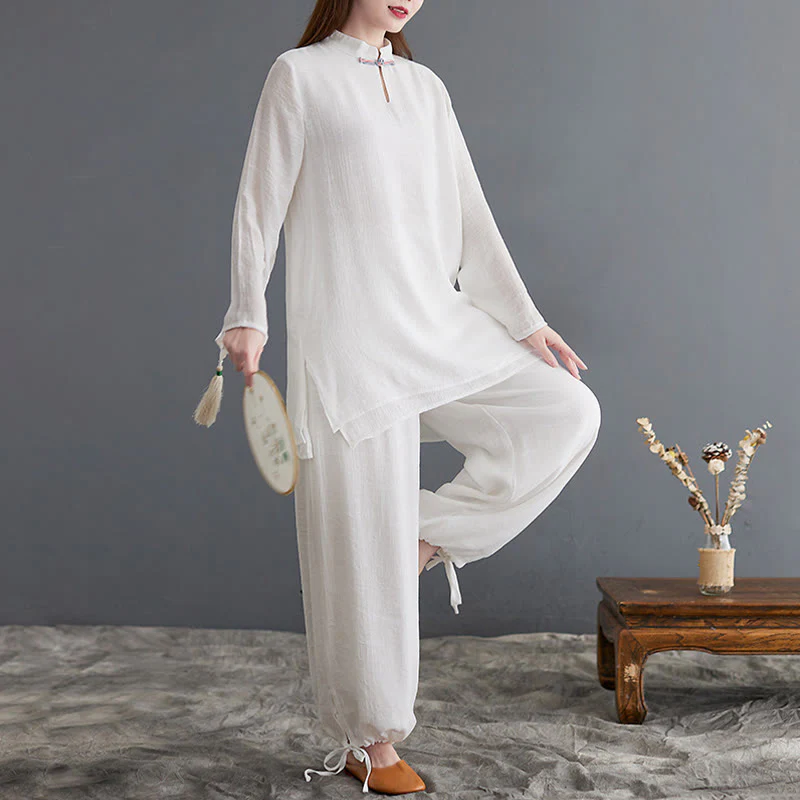 Buddha Stones 2 pezzi Solido Donna Manica Lunga Camicia Pantaloni Meditazione Abbigliamento Set - Image 17