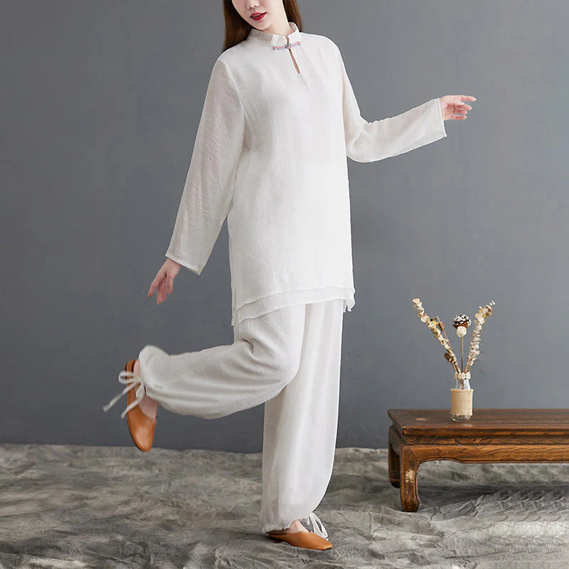 Buddha Stones 2 pezzi Solido Donna Manica Lunga Camicia Pantaloni Meditazione Abbigliamento Set - Image 18