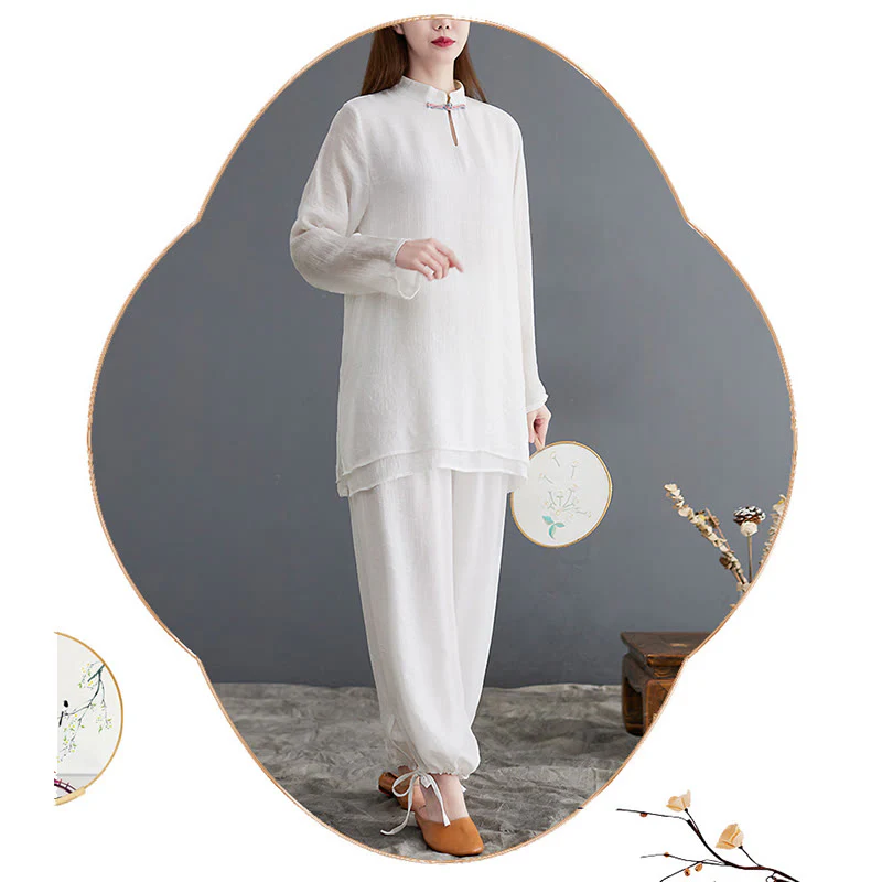 Buddha Stones 2 pezzi Solido Donna Manica Lunga Camicia Pantaloni Meditazione Abbigliamento Set - Image 19