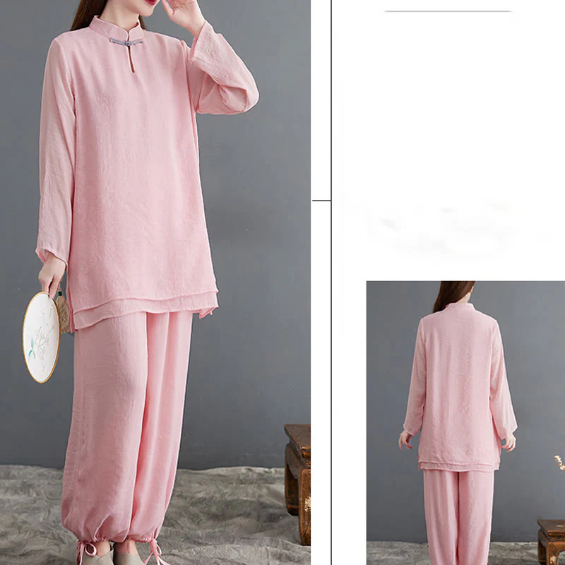 Buddha Stones 2 pezzi Solido Donna Manica Lunga Camicia Pantaloni Meditazione Abbigliamento Set - Image 6