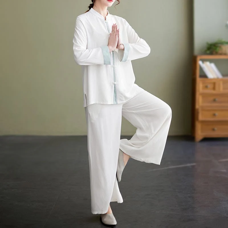 Set da donna in cotone e lino con 2 pezzi Buddha Stones , camicia a maniche lunghe, pantaloni e top per meditazione Zen Tai Chi