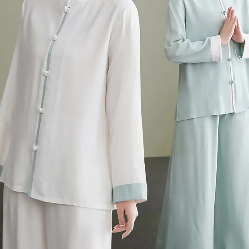 Set da donna in cotone e lino con 2 pezzi Buddha Stones , camicia a maniche lunghe, pantaloni e top per meditazione Zen Tai Chi - Image 15