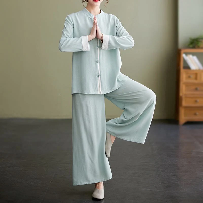 Set da donna in cotone e lino con 2 pezzi Buddha Stones , camicia a maniche lunghe, pantaloni e top per meditazione Zen Tai Chi - Image 16