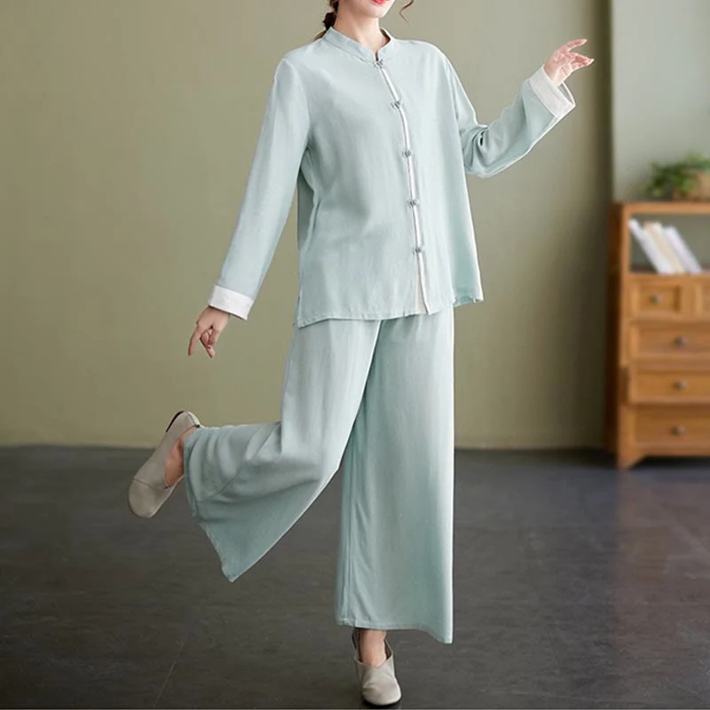 Set da donna in cotone e lino con 2 pezzi Buddha Stones , camicia a maniche lunghe, pantaloni e top per meditazione Zen Tai Chi - Image 17