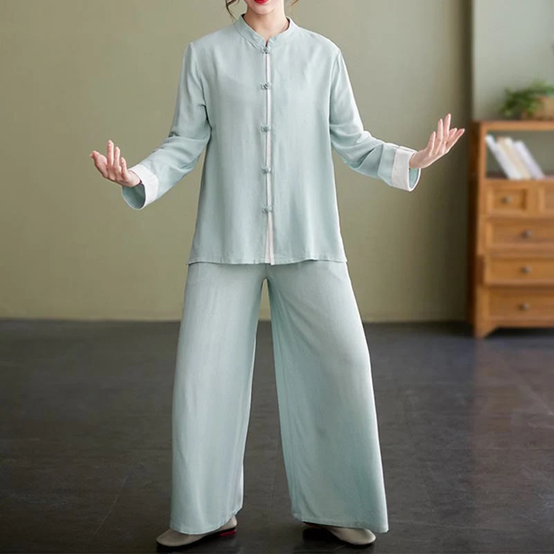 Set da donna in cotone e lino con 2 pezzi Buddha Stones , camicia a maniche lunghe, pantaloni e top per meditazione Zen Tai Chi - Image 18