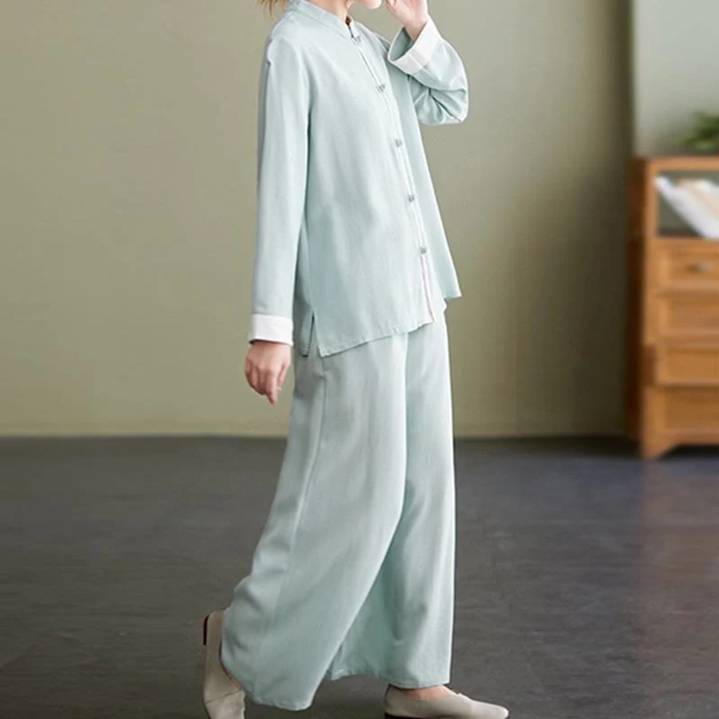 Set da donna in cotone e lino con 2 pezzi Buddha Stones , camicia a maniche lunghe, pantaloni e top per meditazione Zen Tai Chi - Image 20