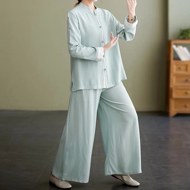 Set da donna in cotone e lino con 2 pezzi Buddha Stones , camicia a maniche lunghe, pantaloni e top per meditazione Zen Tai Chi - Image 21