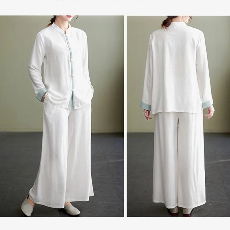 Set da donna in cotone e lino con 2 pezzi Buddha Stones , camicia a maniche lunghe, pantaloni e top per meditazione Zen Tai Chi - Image 6