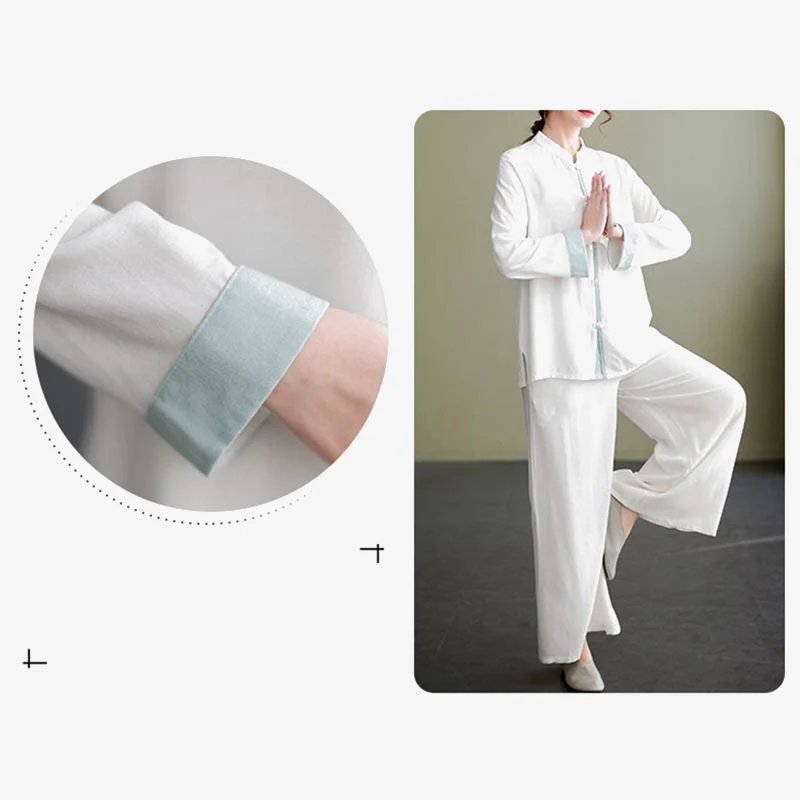 Set da donna in cotone e lino con 2 pezzi Buddha Stones , camicia a maniche lunghe, pantaloni e top per meditazione Zen Tai Chi - Image 8