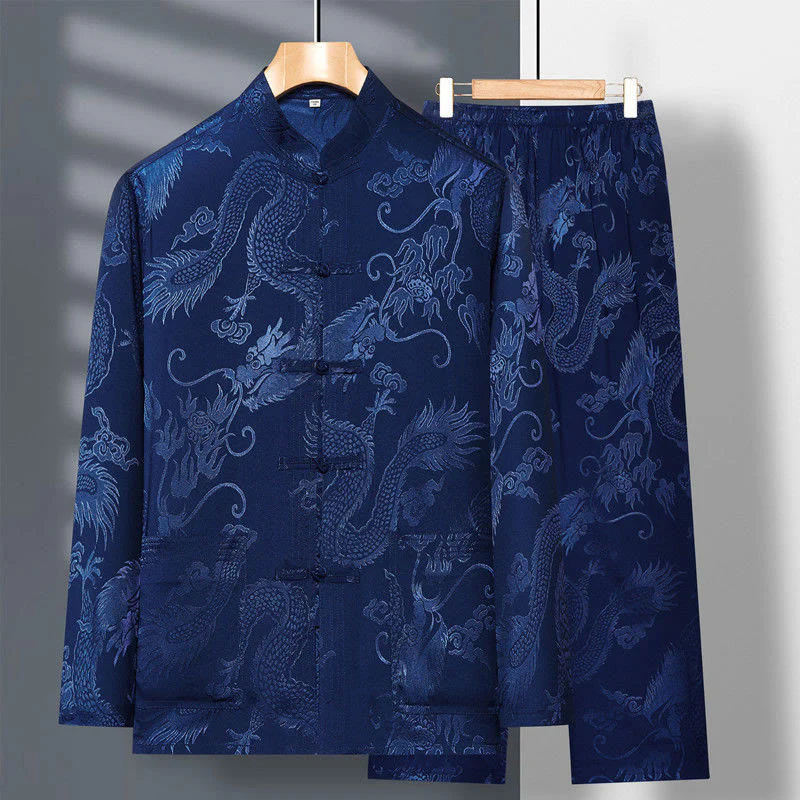Buddha Stones 2 pezzi Tang Suit Drago Rana-bottone Uomo Manica Lunga Camicia Pantaloni Abbigliamento Set