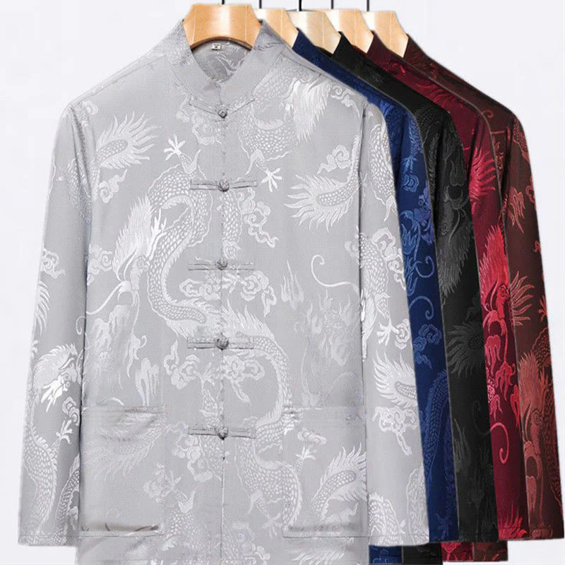 Buddha Stones 2 pezzi Tang Suit Drago Rana-bottone Uomo Manica Lunga Camicia Pantaloni Abbigliamento Set - Image 17