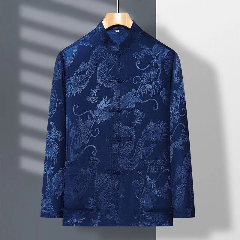 Buddha Stones 2 pezzi Tang Suit Drago Rana-bottone Uomo Manica Lunga Camicia Pantaloni Abbigliamento Set - Image 2