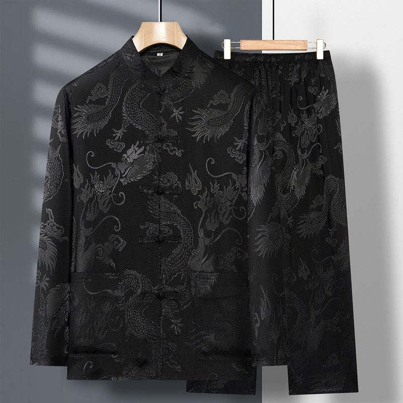 Buddha Stones 2 pezzi Tang Suit Drago Rana-bottone Uomo Manica Lunga Camicia Pantaloni Abbigliamento Set - Image 21