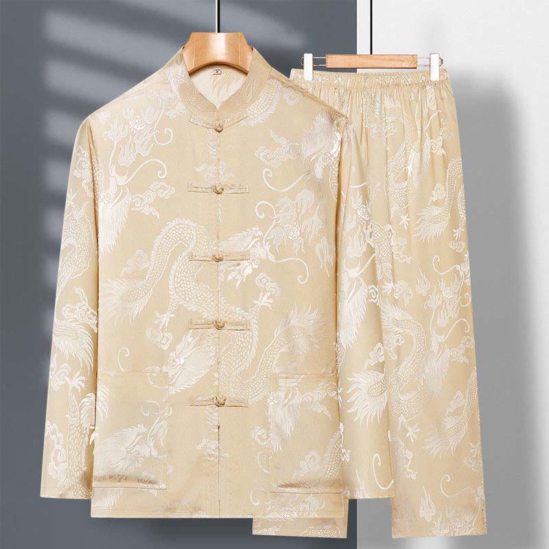 Buddha Stones 2 pezzi Tang Suit Drago Rana-bottone Uomo Manica Lunga Camicia Pantaloni Abbigliamento Set - Image 3