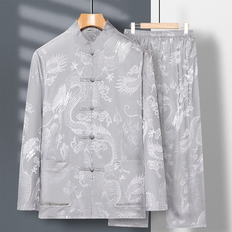 Buddha Stones 2 pezzi Tang Suit Drago Rana-bottone Uomo Manica Lunga Camicia Pantaloni Abbigliamento Set - Image 9