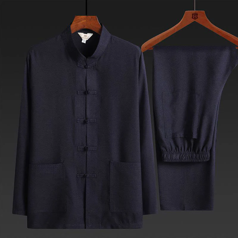 Set di 2 pezzi di tuta da uomo con bottoni a rana, camicia a maniche lunghe e pantaloni, in tinta unita, Buddha Stones
