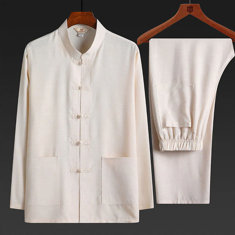Set di 2 pezzi di tuta da uomo con bottoni a rana, camicia a maniche lunghe e pantaloni, in tinta unita, Buddha Stones - Image 17