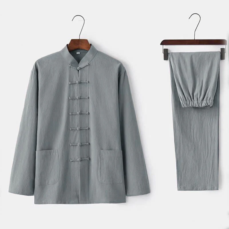 Set da uomo con camicia a maniche lunghe e pantaloni, completo da uomo, in 2 pezzi, con Buddha Stones bottoni tradizionali. - Image 3