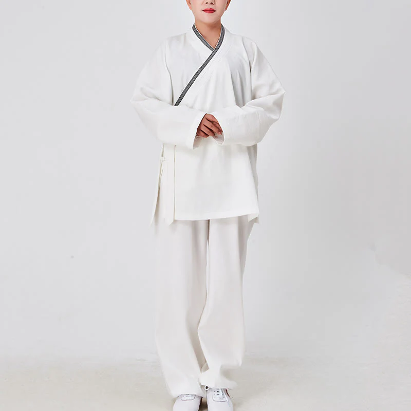 Buddha Stones 2 pezzi Wudang autunno solido rana-bottoni manica lunga lino unisex abito taoista kimono pantaloni abito cerimonia Qigong