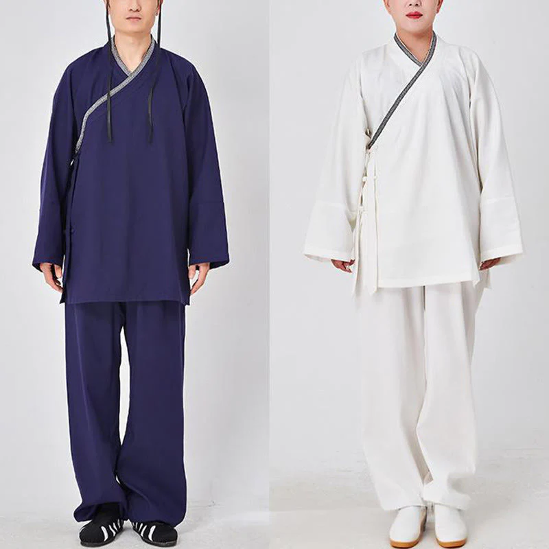 Buddha Stones 2 pezzi Wudang autunno solido rana-bottoni manica lunga lino unisex abito taoista kimono pantaloni abito cerimonia Qigong - Image 11