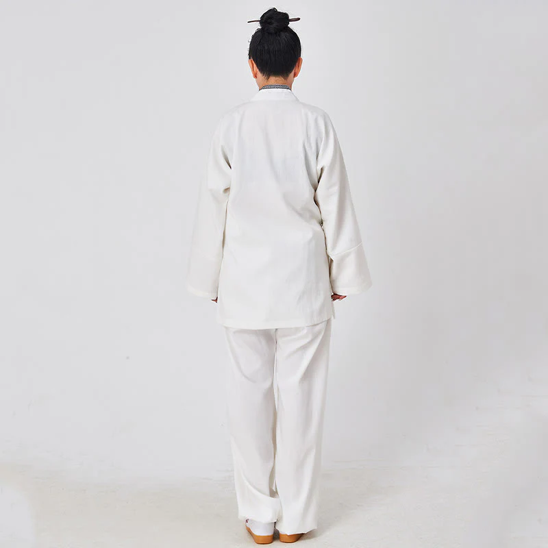 Buddha Stones 2 pezzi Wudang autunno solido rana-bottoni manica lunga lino unisex abito taoista kimono pantaloni abito cerimonia Qigong - Image 4