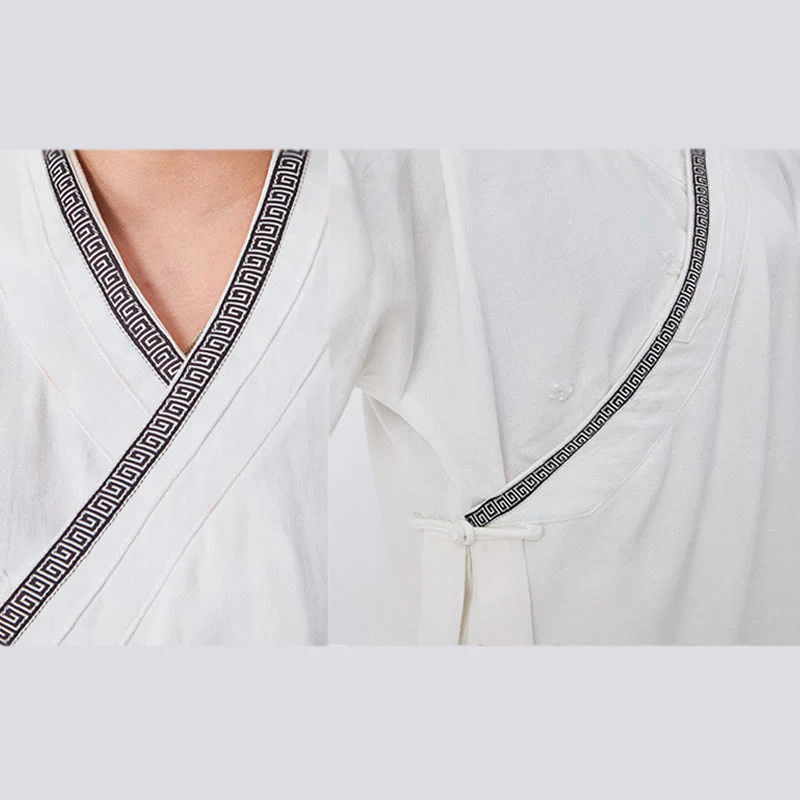 Buddha Stones 2 pezzi Wudang autunno solido rana-bottoni manica lunga lino unisex abito taoista kimono pantaloni abito cerimonia Qigong - Image 5