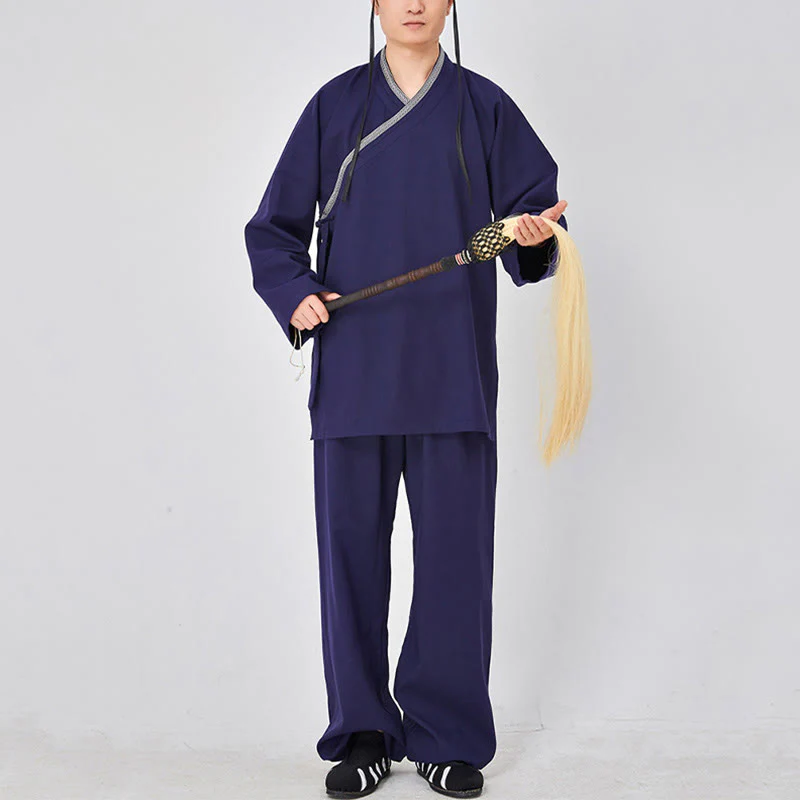 Buddha Stones 2 pezzi Wudang autunno solido rana-bottoni manica lunga lino unisex abito taoista kimono pantaloni abito cerimonia Qigong - Image 6