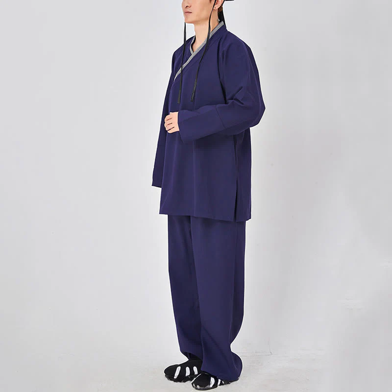 Buddha Stones 2 pezzi Wudang autunno solido rana-bottoni manica lunga lino unisex abito taoista kimono pantaloni abito cerimonia Qigong - Image 7