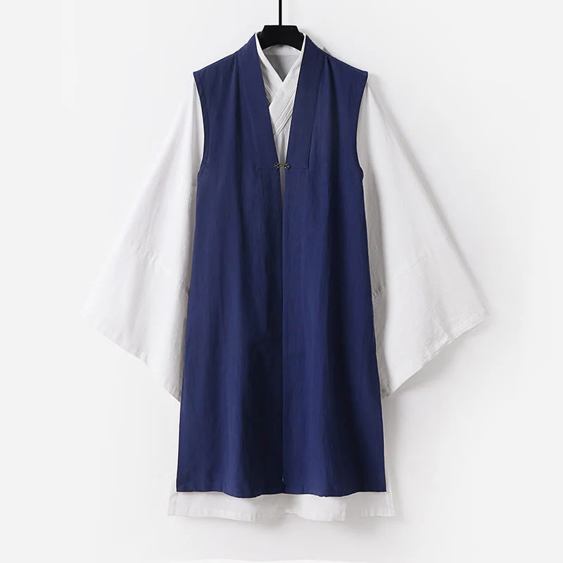 Buddha Stones 2 pezzi Wudang Tai Chi Cerimonia Solido Manica lunga Uomo Taoista Lunga Veste Kimono Senza Maniche Gilet Completo