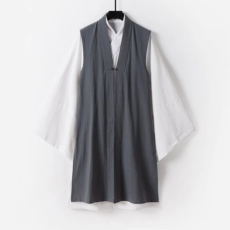Buddha Stones 2 pezzi Wudang Tai Chi Cerimonia Solido Manica lunga Uomo Taoista Lunga Veste Kimono Senza Maniche Gilet Completo - Image 11