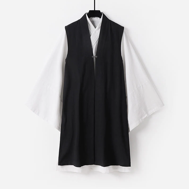 Buddha Stones 2 pezzi Wudang Tai Chi Cerimonia Solido Manica lunga Uomo Taoista Lunga Veste Kimono Senza Maniche Gilet Completo - Image 19