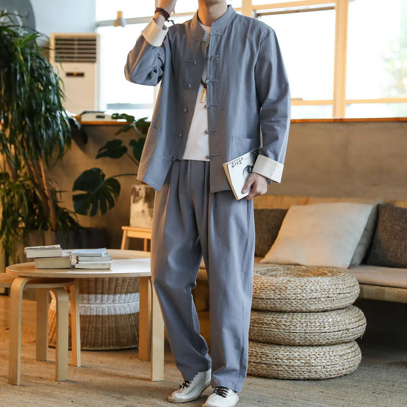 Buddha Stones 2 pezzi Zen Tang Suit da uomo Frog-Bottone Camicia a maniche lunghe Pantaloni Set con tasche - Image 2