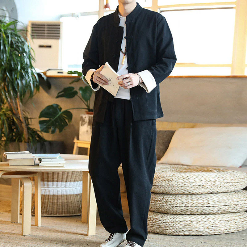 Buddha Stones 2 pezzi Zen Tang Suit da uomo Frog-Bottone Camicia a maniche lunghe Pantaloni Set con tasche - Image 22