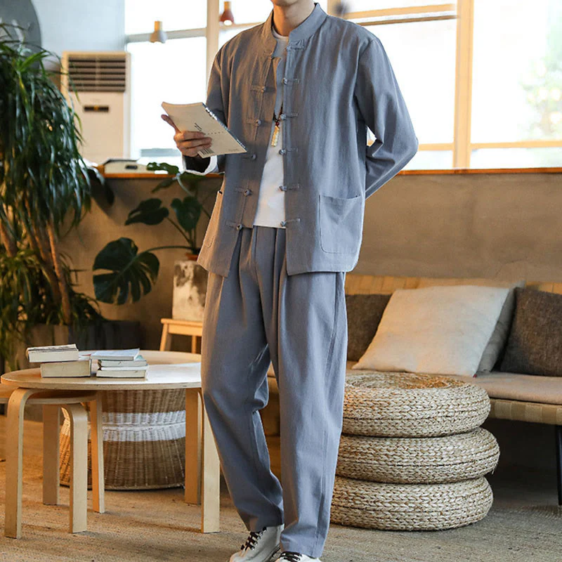 Buddha Stones 2 pezzi Zen Tang Suit da uomo Frog-Bottone Camicia a maniche lunghe Pantaloni Set con tasche - Image 3
