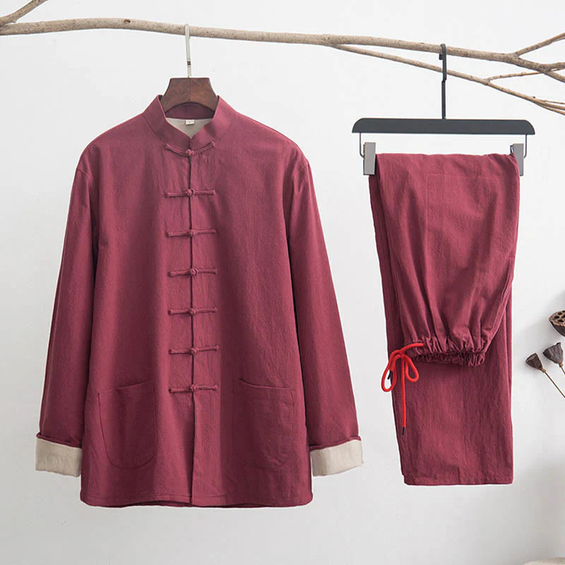 Buddha Stones 2 pezzi Zen Tang Suit da uomo in lino con bottoni a rana, camicia a maniche lunghe e pantaloni set - Image 19