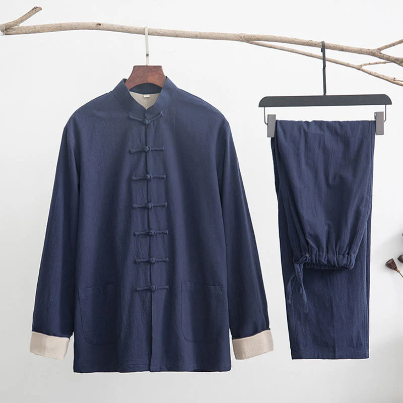 Buddha Stones 2 pezzi Zen Tang Suit da uomo in lino con bottoni a rana, camicia a maniche lunghe e pantaloni set - Image 24