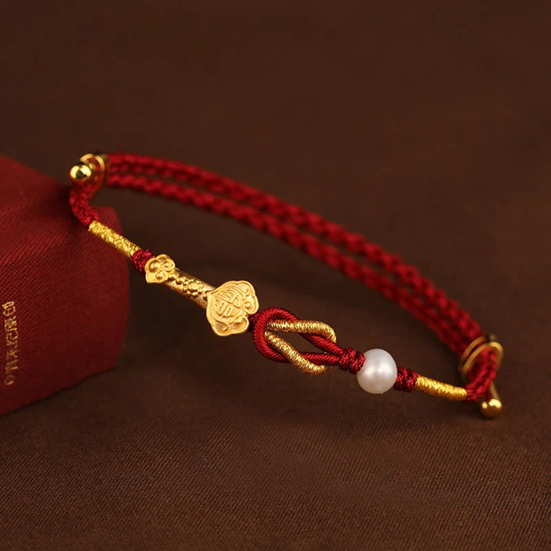 Buddha Stones 24K Oro Desiderio Ruyi Maniglia Fu Carattere Coniglio Perla Fortuna Bracciale Intrecciato - Image 10