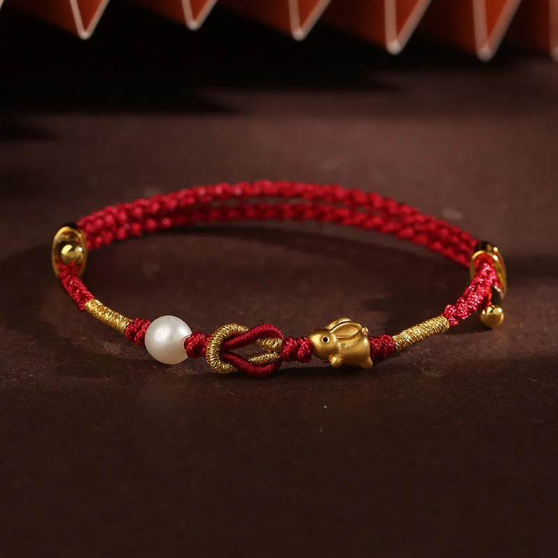 Buddha Stones 24K Oro Desiderio Ruyi Maniglia Fu Carattere Coniglio Perla Fortuna Bracciale Intrecciato - Image 11