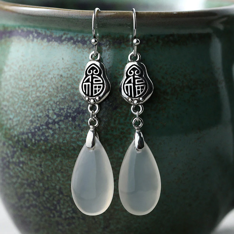 Buddha Stones 925 Argento Sterling Post Calcedonio Naturale Fu Carattere Orecchini Armonia Positiva