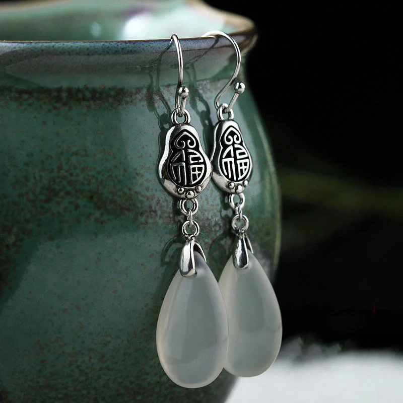 Buddha Stones 925 Argento Sterling Post Calcedonio Naturale Fu Carattere Orecchini Armonia Positiva - Image 2